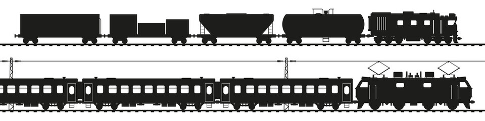 Freight train with diesel locomotive, passenger train with electric locomotive. Black silhouette isolated on white. Railway transport vector art. © Ivan Burchak