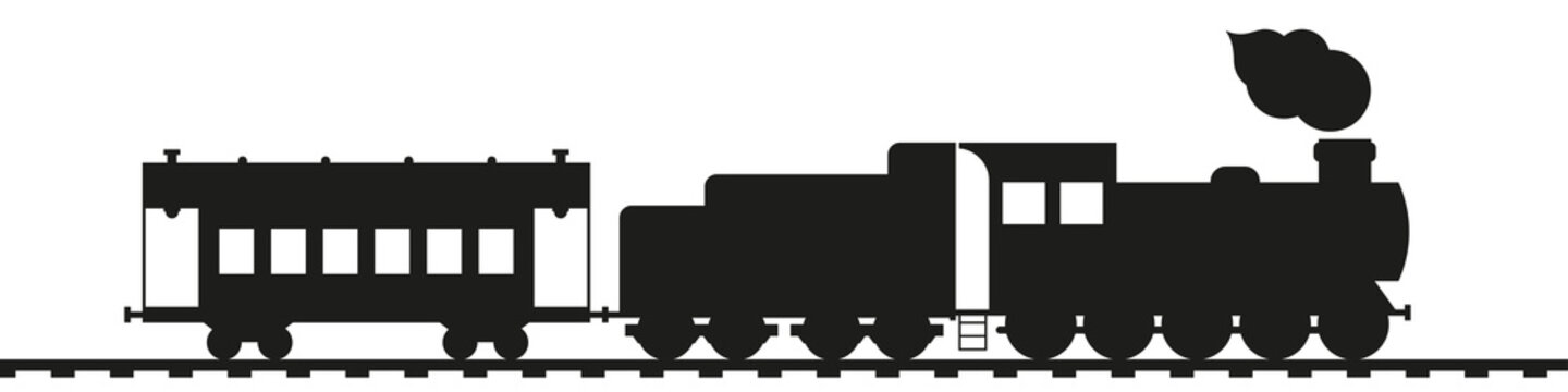 Retro train. Antique steam locomotive with tender and vintage car. Black silhouette isolated on white. Railway transport vector art.