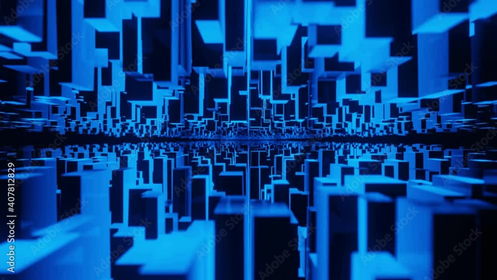 Poster upside down city inception concept landscape geometry cube or block glowing background 3d rendering