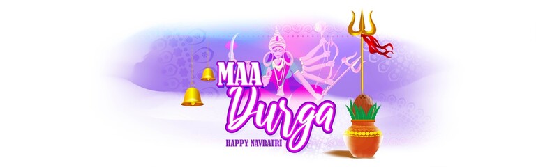 illustration of Goddess Durga Face in Happy Durga Puja Subh Navratri abstract background with text Durga puja means Durga Puja