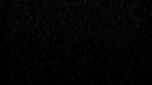Rain. Falling raindrops footage animation in realtime on dark black background with fog, lightened from top, seamlessly looped rain animation, perfect for film, digital composition, projection mapping