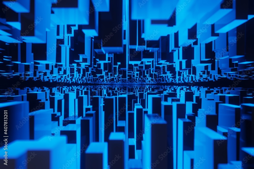 Poster upside down city inception concept landscape geometry cube or block glowing background 3d rendering