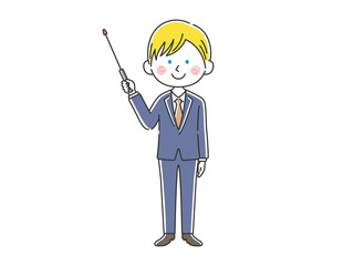 指し棒を使って解説する白人男性講師のイラスト
