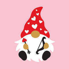 Cute Valentine’s day cupid gnome holding bow and heart arrow vector illustration.