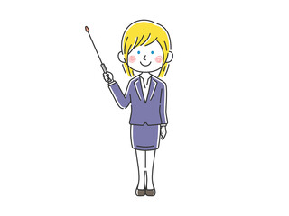 指し棒を使って解説する白人女性講師のイラスト