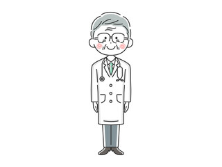 白衣を着た年配の日本人男性医師のイラスト
