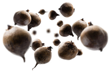 Ripe beets levitate on a white background