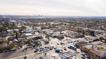 Day time aerial view of a residential area in Santa Ana, California, USA.