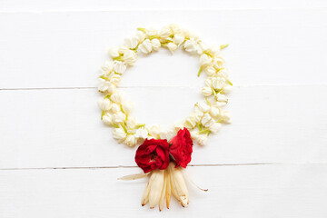 crown flower,red rose,white champaka,jasmine smell fragrance flora of asia thailand arrangement circle style  on background white
