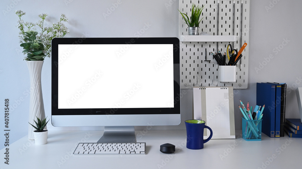 Poster front view of mock up computer with blank screen and office supplies on white table at stylish work 