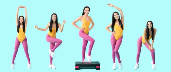 Young women doing aerobics on color background