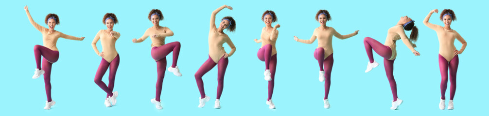 Young women doing aerobics on color background