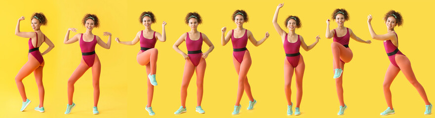 Young woman doing aerobics on color background