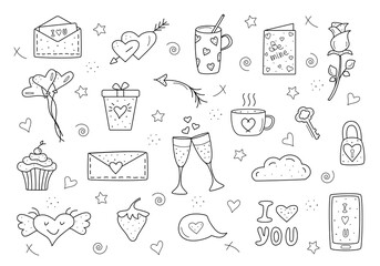 Black vector items, set Valentine's day and weddings icons doodle. Design for prints, cards and coloring page.