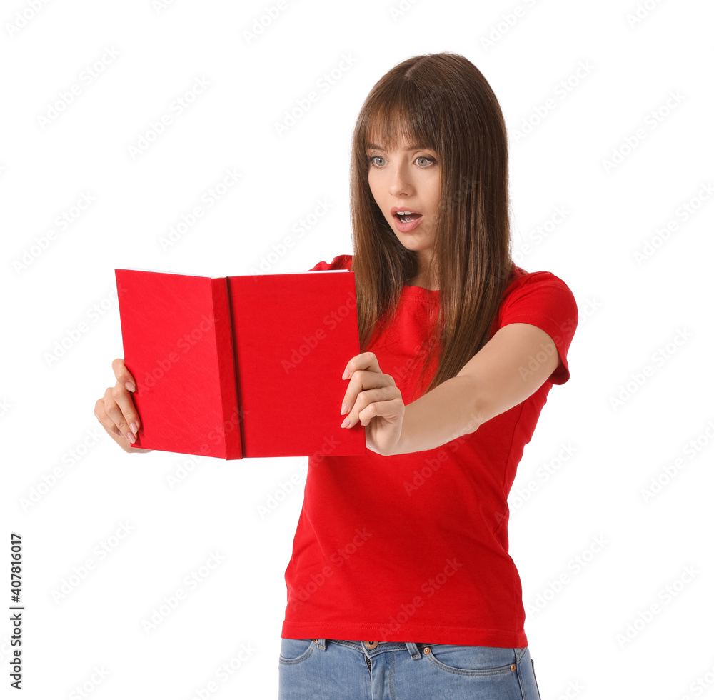 Sticker Surprised young woman with book on white background