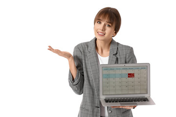 Stressed young woman with laptop on white background. Concept of deadline