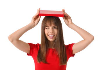 Funny young woman with book on white background