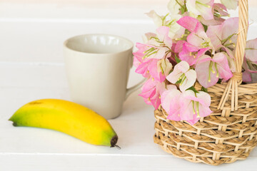 bougainvillea flora local flowers of asia with cup coffee and banana arrangement  arrangement flat lay style on background white
