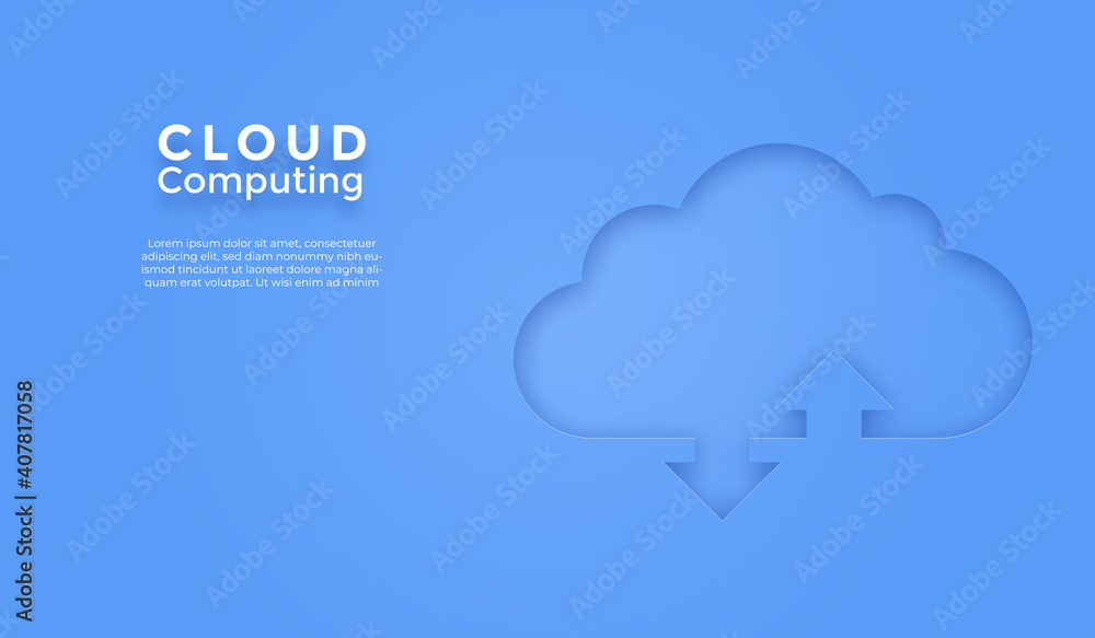 Aufkleber 3D Cloud computing upload and download data online service. Digital business technology background. Vector paper art illustration