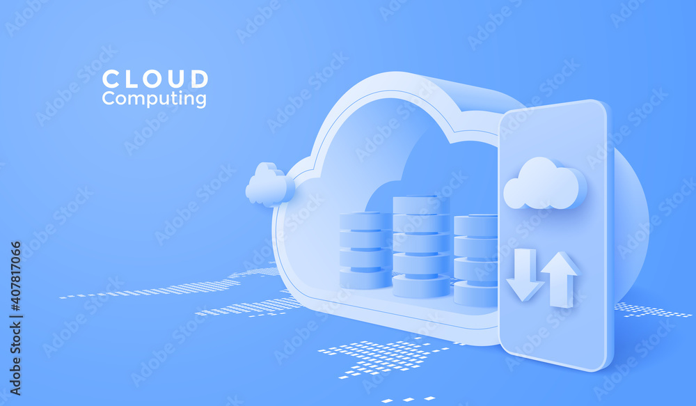 Poster 3D Cloud computing upload and download data online service with mobile. Digital technology background. Vector art illustration