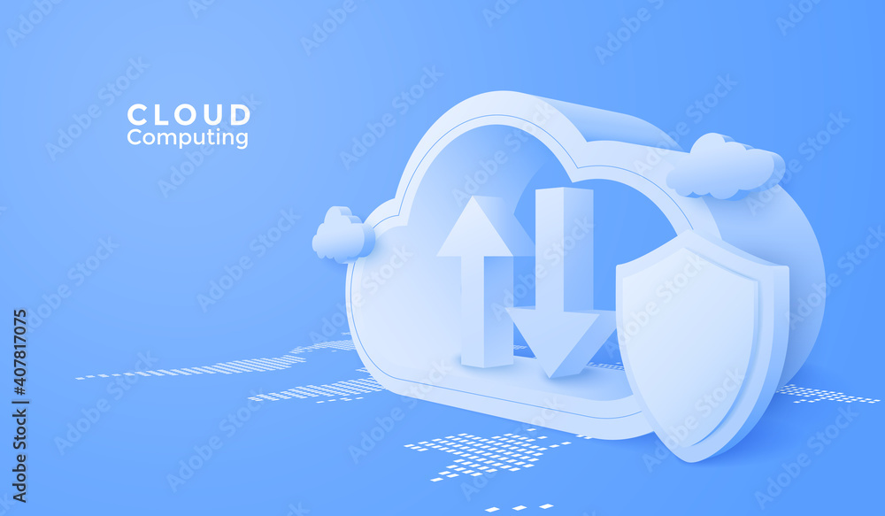 Poster 3D Cloud computing upload and download data online service. Digital security technology background. Vector art illustration