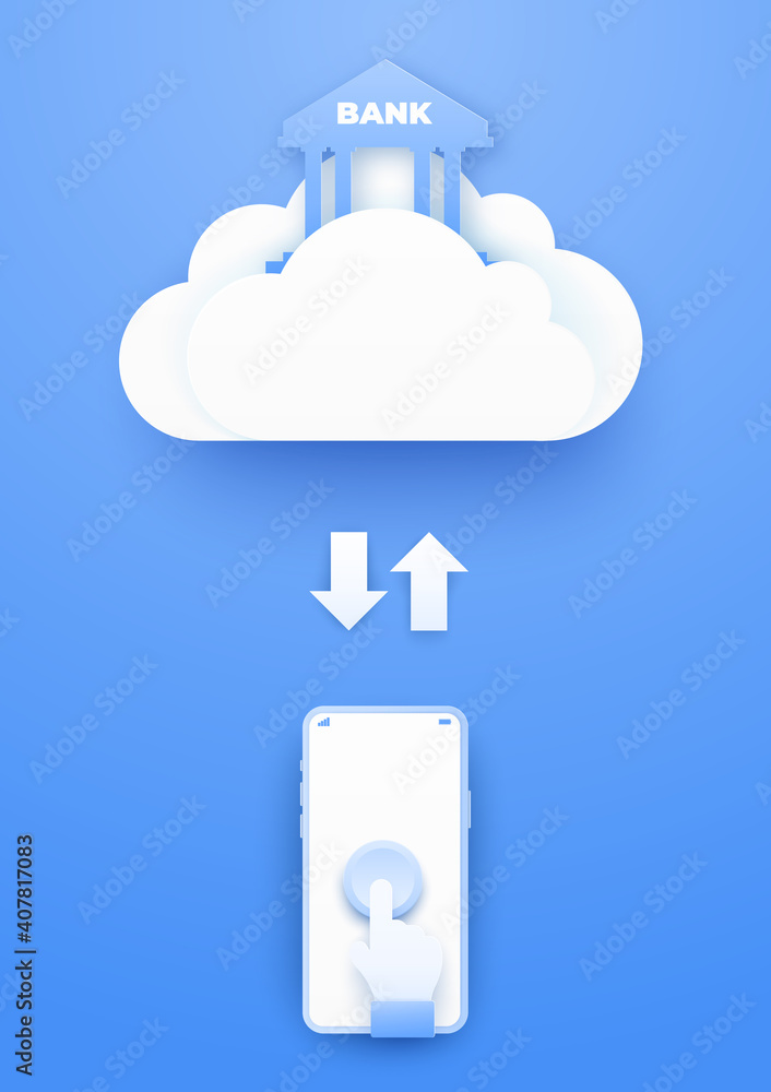 Poster 3d cloud computing mobile finance banking online service. digital business technology background. ve