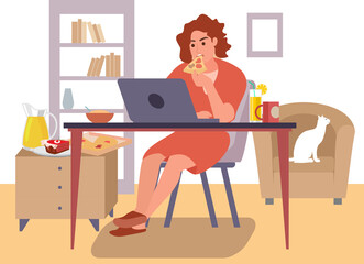 Woman snacks in the workplace. Remote work problems. Young girl eating while working at computer. Lifestyle, business rush concept. Flat vector illustration isolated.