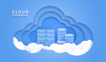 3D Cloud computing online service. Digital business technology background. Vector paper art illustration
