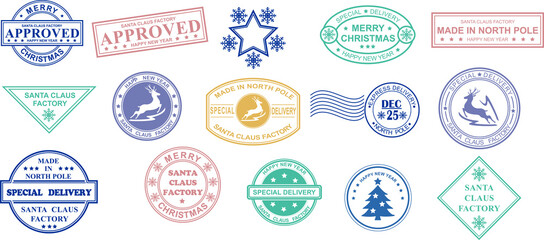 Christmas stamps vector pattern on white background. Set of Christmas postmarks. Mail Santa Claus. Letter to Santa Claus. Set for the decoration of Christmas cards and gifts