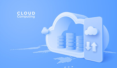 3D Cloud computing upload and download data online service with mobile. Digital technology background. Vector art illustration