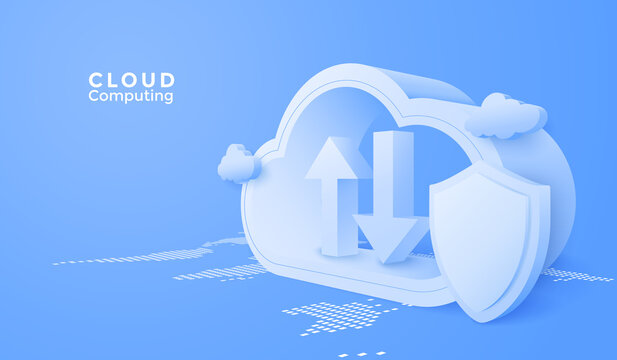 3D Cloud computing upload and download data online service. Digital security technology background. Vector art illustration