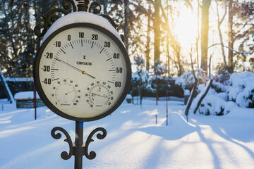 Antique thermometer on a cold winter morning in Moscow in January