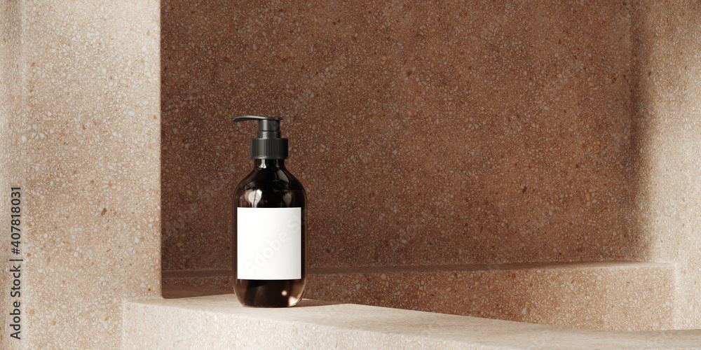 Poster minimal mockup background for product presentation. cosmetic bottle on peach terrazzo platform with 