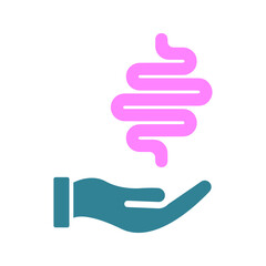 Human intestine on hand icon. Treatment, disease prevention symbol