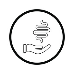 Human intestine on hand icon. Treatment, disease prevention symbol