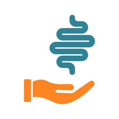 Human intestine on hand icon. Treatment, disease prevention symbol