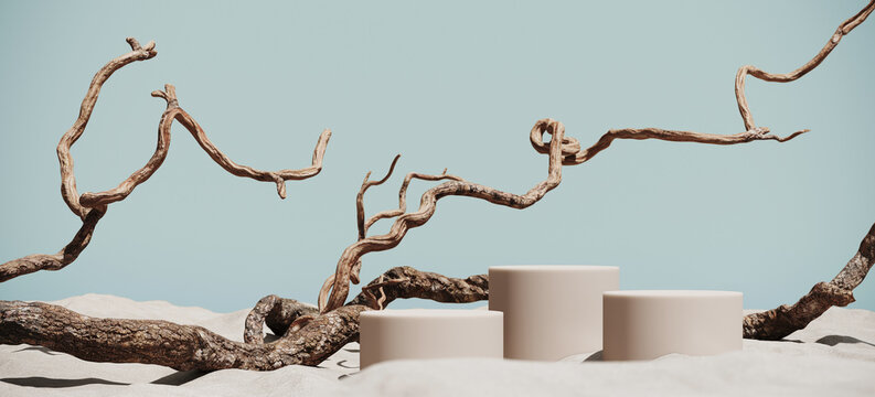 Minimal mockup background for product presentation. Podium and dry tree twigs with sand beach on blue background. 3d rendering illustration. Clipping path of each element included.