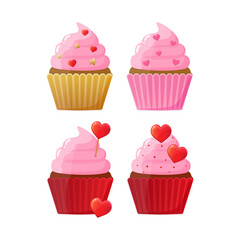 Set of festively decorated cupcakes for Happy Valentines Day. Baking, homemade cake icons for celebration. Vector image for cafe, bar, cooking, restaurant.
