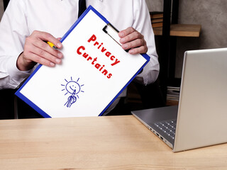 Business concept meaning Privacy Curtains with sign on the piece of paper.