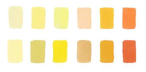 Sketch palette of Japanese markers with alcohol ink - a collection of yellow colors. Handdrawn stripes and spots of different shades isolated on a white background. Bitmap stock illustration