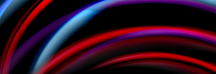 Dynamic motion abstract background. Color blurred stripes on black. Wave liquid lines poster. Vector illustration