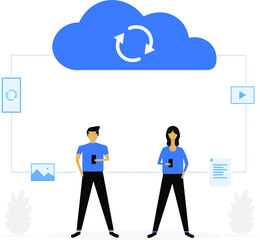 Cloud Backup Concept. Boy and Girl With Mobile Phone Syncing Files in Cloud. Concept of Cloud Security. Modern vector illustration concept. Backup concept. Network cloud service.