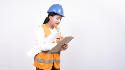 asian worker woman see project holding clipboard isolated white background