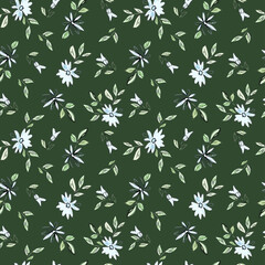 Drawing depicting blue flowers with leaves on a green background.