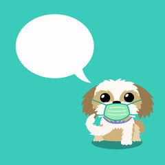 Cartoon character shih tzu dog wearing protective face mask with speech bubble for design.