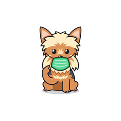 Cartoon character yorkshire terrier dog wearing protective face mask for design.