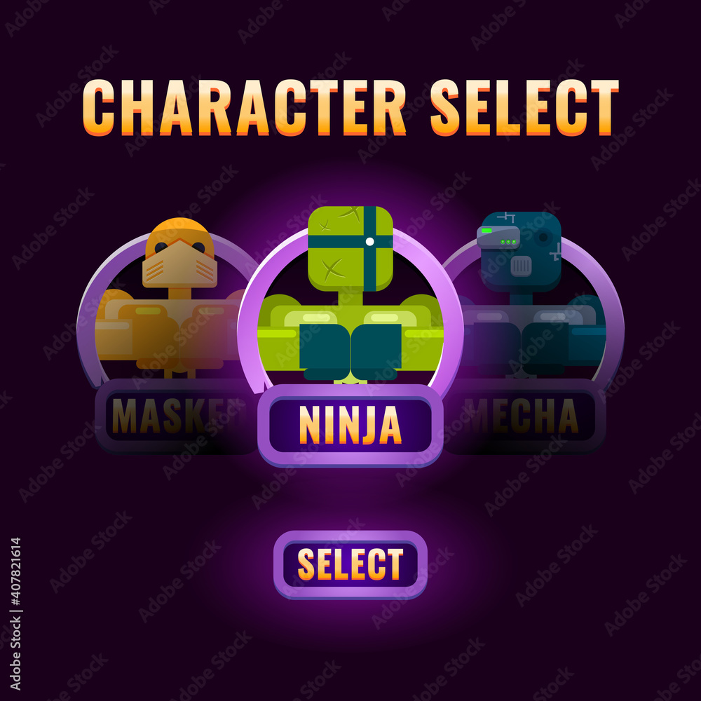 Poster basic rgbglossy purple game ui character selection pop up for 2d gui interface vector illustration