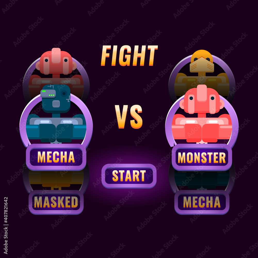 Aufkleber glossy purple game ui fighting character selection pop up for 2d gui interface vector illustration