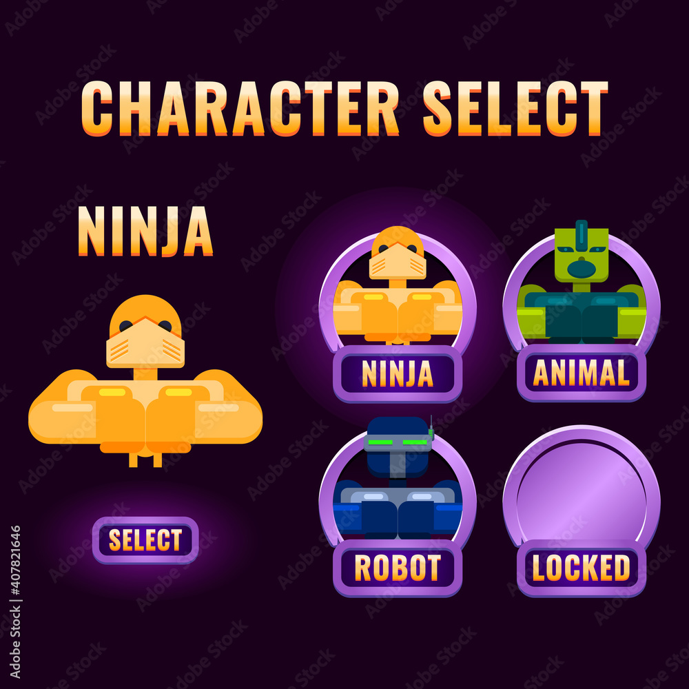 Fototapete glossy purple rounded game ui character selection pop up for 2d gui interface vector illustration