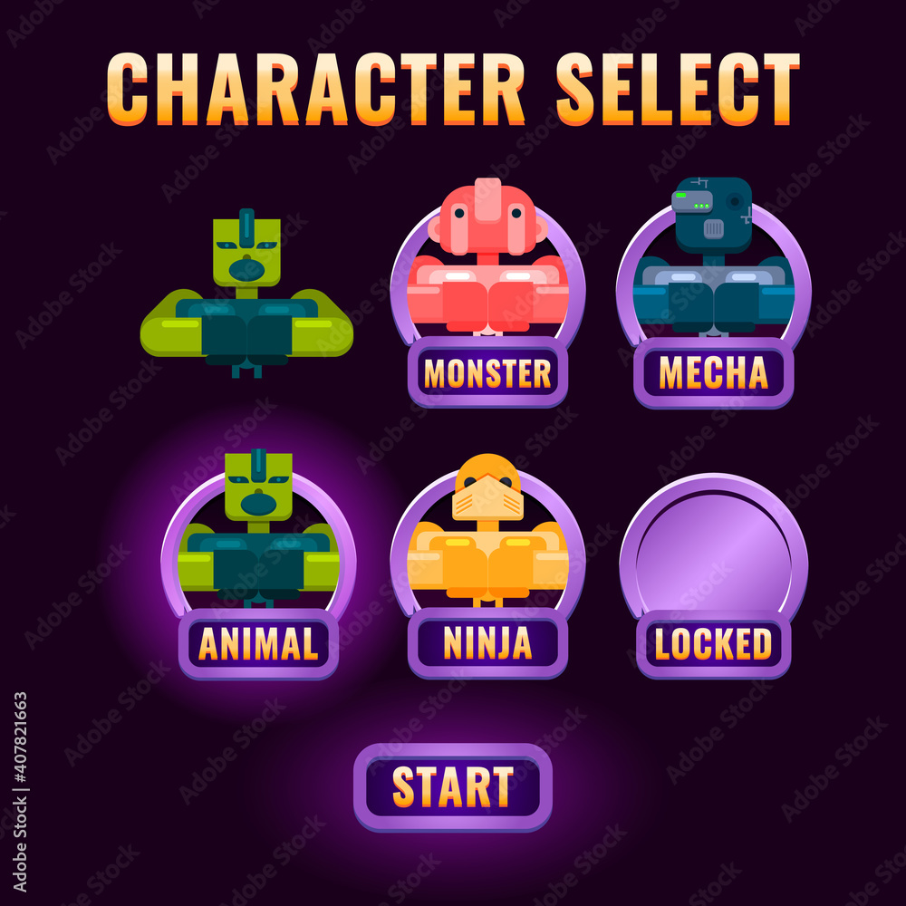 Fototapete glossy fantasy game ui character selection pop up for 2d gui interface vector illustration